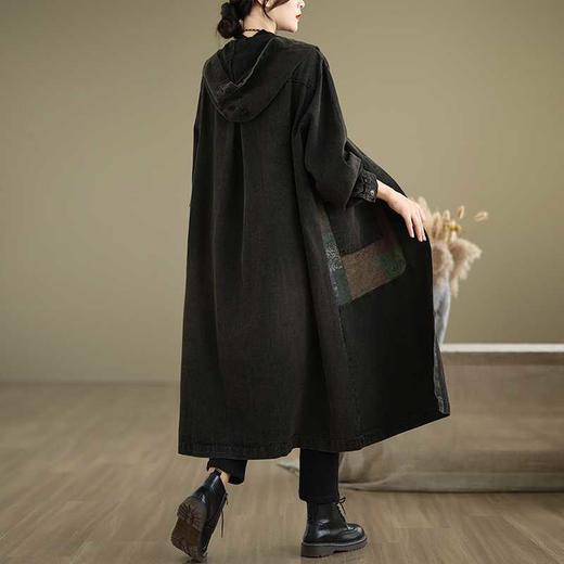 雀说 春秋款外套复古拼接戴帽牛仔外套宽松大版中长款风衣外套5ZF-90 商品图3