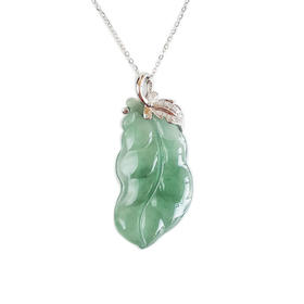 【天然正品】A货翡翠AU750白金镶钻镶天然冰种叶子（金枝玉叶）翡翠吊坠项链39.5*17.7*5.6MM（皆取最大值）女士现售价：1180特价！220225AH32