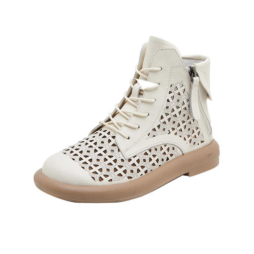 雀说复古真皮缕空马丁靴女厚底双侧拉链休闲短靴子大码平底女鞋AL9027 商品图4