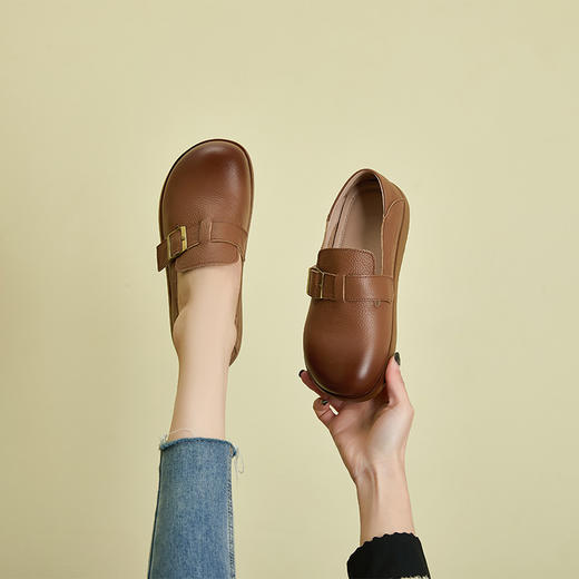 雀说头层牛皮休闲乐福鞋女复古擦色一脚蹬小皮鞋AL0992 商品图3