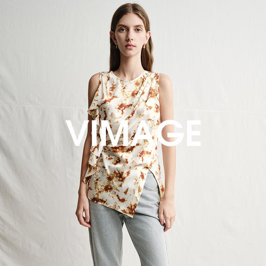 VIMAGE纬漫纪春夏季新款修身打底高级无袖小众设计印花上衣V2313916 商品图0
