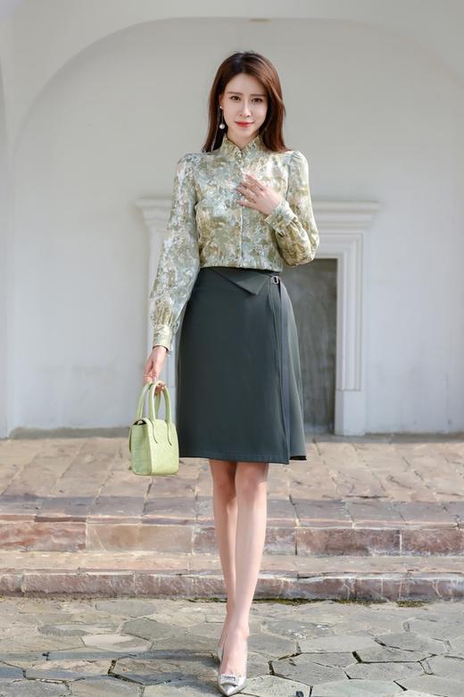 Le Malene 墨绿色高腰A字及膝半裙 15483 商品图2