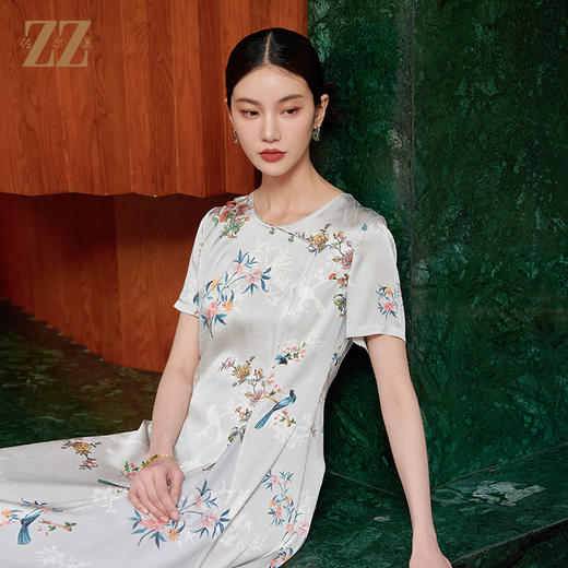 佐尔美夏季新款 气质时尚碎花桑蚕丝短袖连衣裙女M42LS35 商品图2