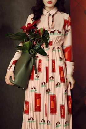 Le Malene 法式小马印花收腰显瘦百褶连衣裙 15450