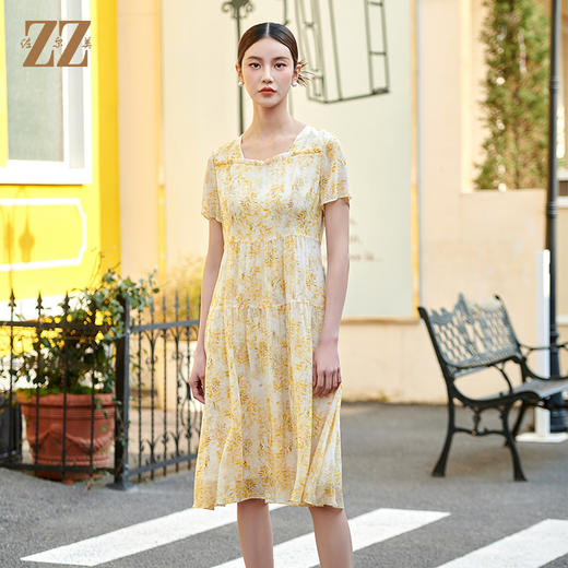 佐尔美夏季新款 气质甜美碎花桑蚕丝短袖连衣裙女M42LS38 商品图0