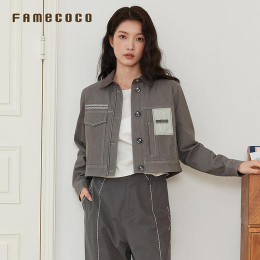 Famecoco范可儿短款外套拼接刺绣翻领通勤FAB6AB001 商品图2