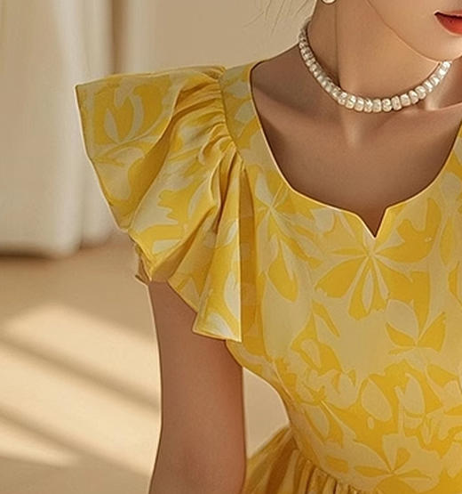 裁缝学苑AS434气质高级感小众设计茶歇法式绝美黄色印花小飞袖连衣裙女 商品图3