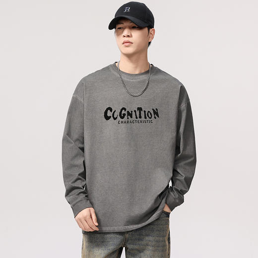 【DQ】大依优型大码男装炒色脏洗复古长袖T恤男宽松潮流做旧上衣春季新品 商品图5