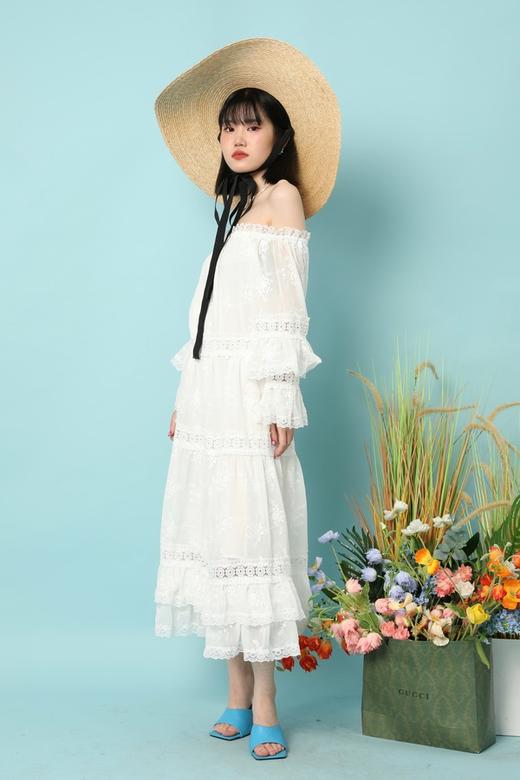 SUMMER & SAGE 浪漫蕾丝一字领花边袖连衣裙 15771 商品图1