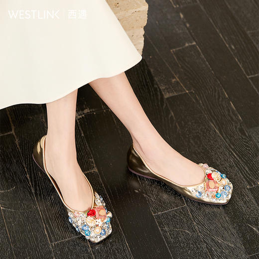 西遇浅口单鞋女新款仙女鞋法式绝美水钻配裙子金色平底鞋V0256270 商品图3