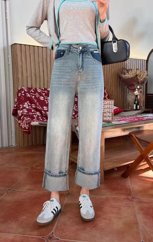 最后一件-【牛仔系】爆犀牛窄版直筒裤小个子女翻边牛仔裤阔腿裤24047-喜出 商品图2