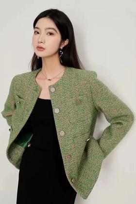 Le Malene 绿色精致圆领口袋纽扣外套 17722