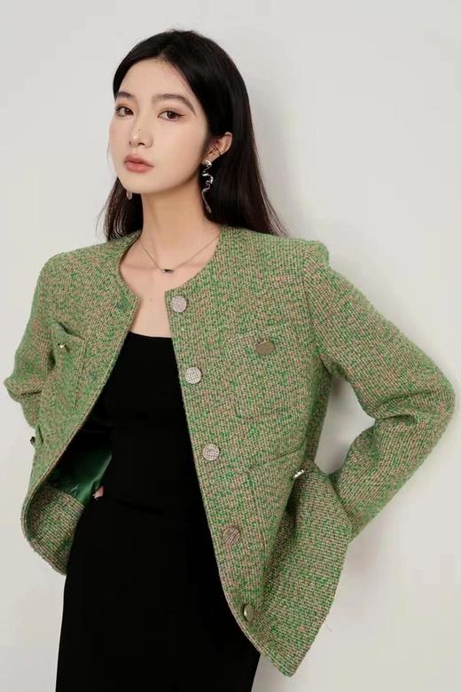Le Malene 绿色精致圆领口袋纽扣外套 17722 商品图0