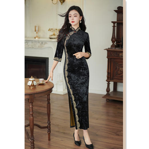 GX老上海复古中国风旗袍2025春新款长款花边黑色旗袍 商品图2
