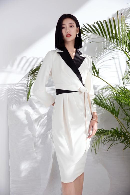 Le Malene 黑白拼接西装领系带连衣裙 15784 商品图1