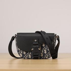 迪奥米色和黑色Obique印花面料和黑色粒面牛皮革搭配翻盖男士马鞍斜跨包（HH）