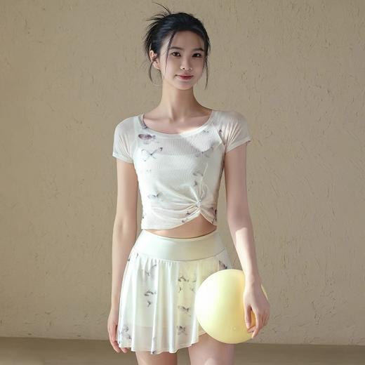 跃牌【禅语梵心】花蝴蝶假两件运动T恤女短袖带胸垫瑜珈服网纱上衣DX3107 商品图0