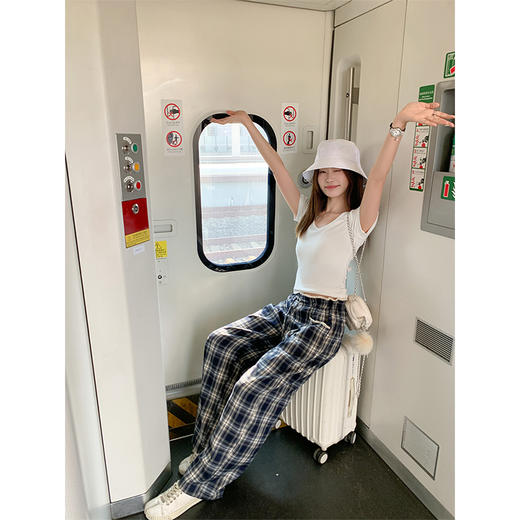 <曾小咸推荐>高腰显瘦抽绳蓝色格子宽松阔腿裤 商品图3