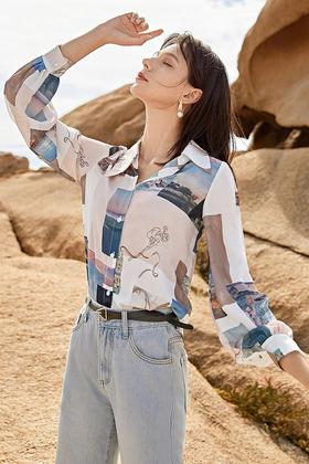 DUIBAI对白 法式拼接数码印花雪纺衬衫 15734