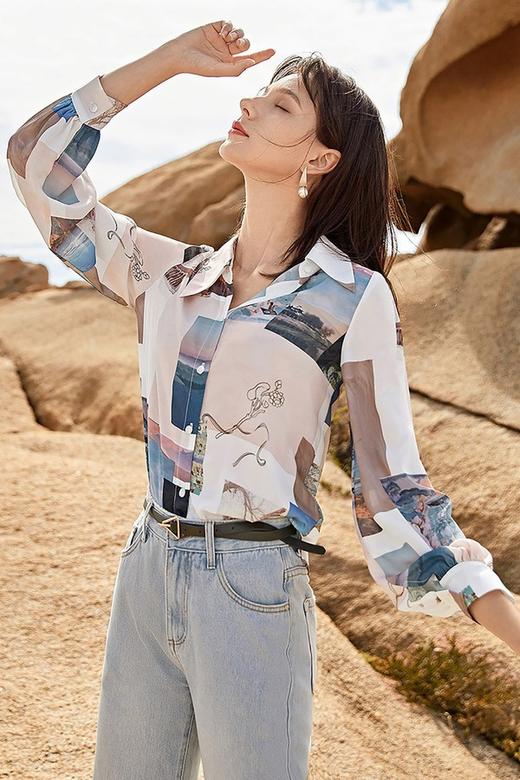 DUIBAI对白 法式拼接数码印花雪纺衬衫 15734 商品图0