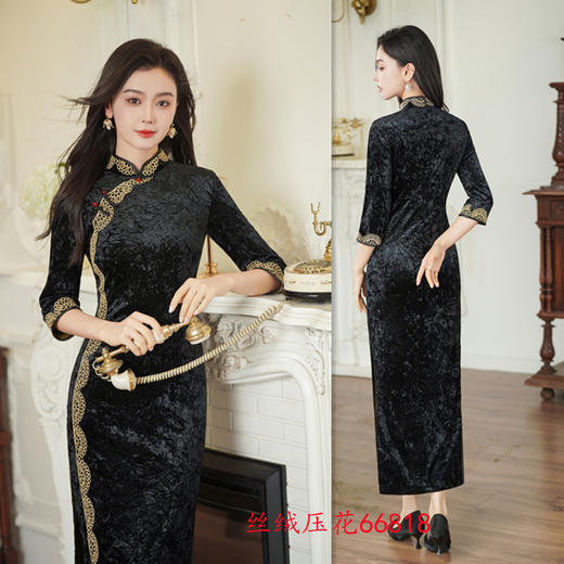 GX老上海复古中国风旗袍2025春新款长款花边黑色旗袍 商品图1