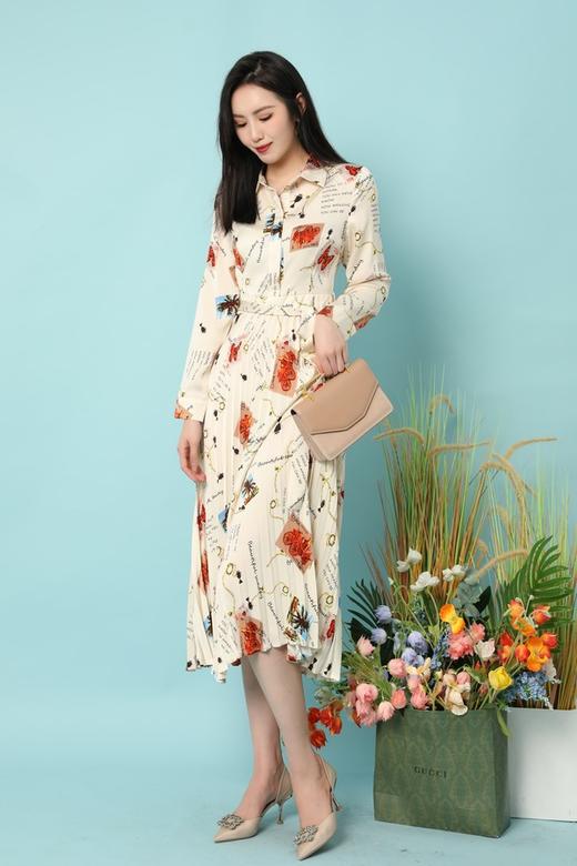 Le Malene 衬衫领字母印花百褶长款连衣裙 15787 商品图0