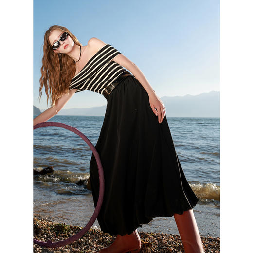 三彩2025春季新款花苞半身裙松紧腰A字裙显瘦长裙简约M 商品图1