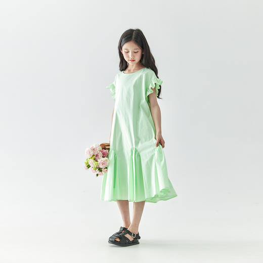 棵初2025年春夏新款女童小飞袖长款连衣裙全棉量感抽褶拼接A字裙 商品图1
