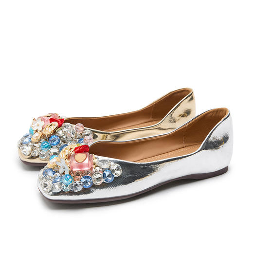 西遇浅口单鞋女新款仙女鞋法式绝美水钻配裙子金色平底鞋V0256270 商品图4