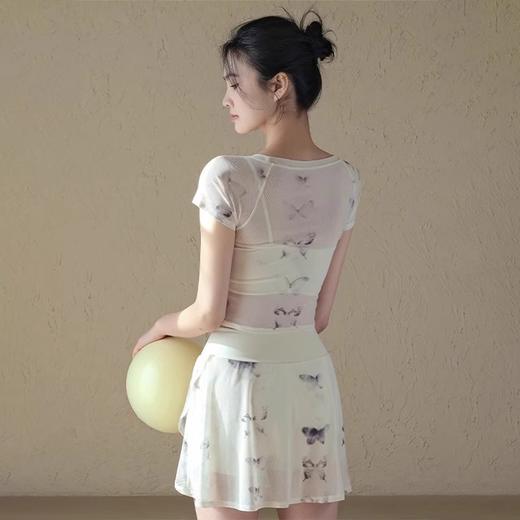 跃牌【禅语梵心】花蝴蝶假两件运动T恤女短袖带胸垫瑜珈服网纱上衣DX3107 商品图3