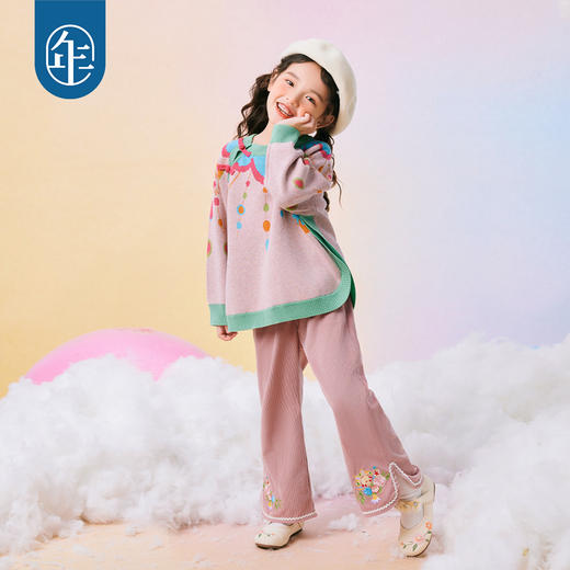 年衣童装女童裤子秋冬新款儿童灯芯绒宽松长裤女孩甜美喇叭裤桃花慕斯长裤 商品图1