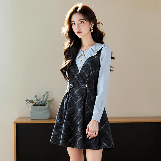奢姿2025春季新款大码女装小香风假两件裙子胖妹妹格纹拼接连衣裙9951828968 商品图1