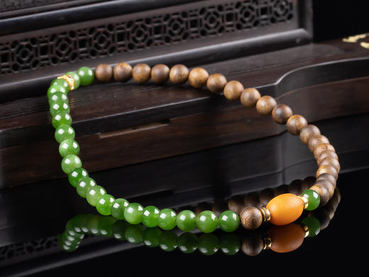 XY0087原创沉香diy碧玉蜜蜡圆珠双圈手串18K金 商品图2