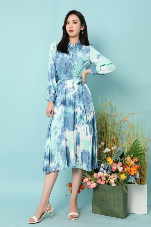 Le Malene 艺术扎染衬衫领腰带百褶连衣裙 15776 商品图1