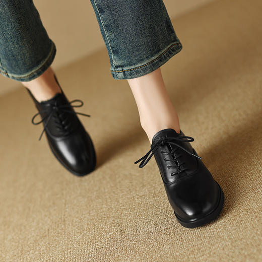 雀说 头层牛皮休闲单鞋软皮中粗跟方头女鞋18030 商品图1