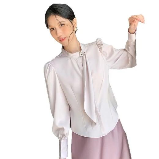 【自】全新升级【铂金会员174/天猫229/差价55】(10258) 洛诗琳法式飘带衬衫女2025春款新品修身显瘦泡泡袖百搭上衣 商品图4