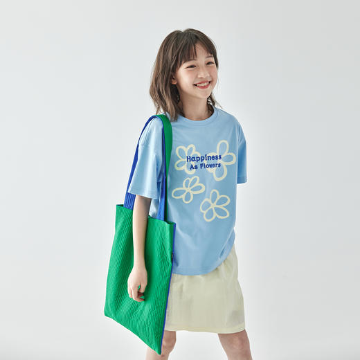 棵初2025年新品儿童蓝色简约圆领印花T恤亲子款夏日清爽盐系上衣 商品图2