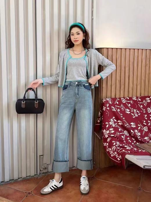 最后一件-【牛仔系】爆犀牛窄版直筒裤小个子女翻边牛仔裤阔腿裤24047-喜出 商品图0