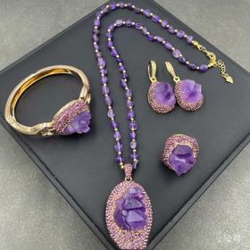 丁摩 天然原石紫晶花四件套欧美法式原矿饰品毛衣链高档手工套装5ZF-7001
