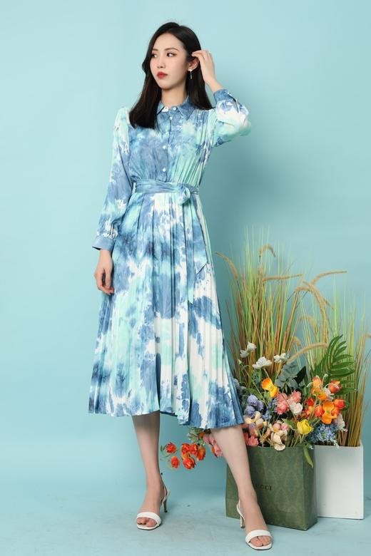 Le Malene 艺术扎染衬衫领腰带百褶连衣裙 15776 商品图3