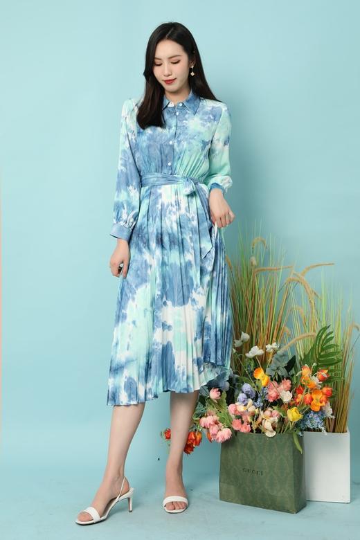 Le Malene 艺术扎染衬衫领腰带百褶连衣裙 15776 商品图2