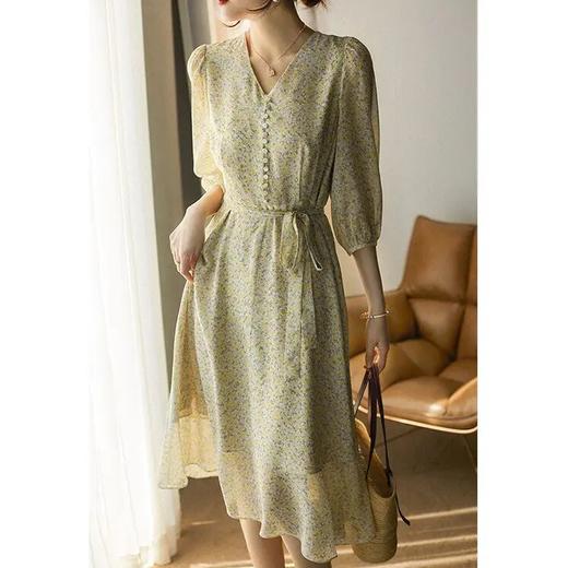 【高货ayts】全新升级【铂金会员431/天猫579/差价148】(12153) 洛诗琳25春季桔梗裙中长款飘带收腰桑蚕丝碎花连衣裙 商品图0