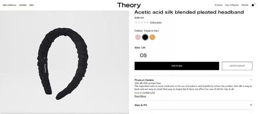 原单正品Theory醋酸真丝混纺发箍女款皱褶头箍高颅顶发卡百搭，成份：10%真丝  90%醋酸纤维
三个色，原价69欧
拆盒无质量问题不退换 商品图2