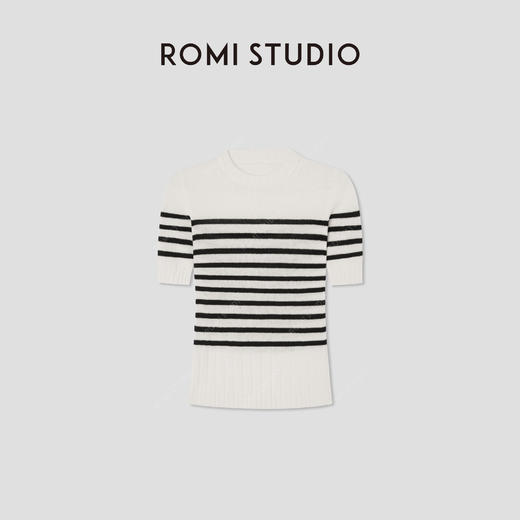 ROMI STUDIO“法式优雅”绵羊毛混纺条纹短袖套头毛衫 RWCRS01618 商品图0