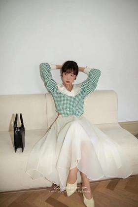 Stay2Weeks 青春撞色娃娃领绿格子上衣 15839