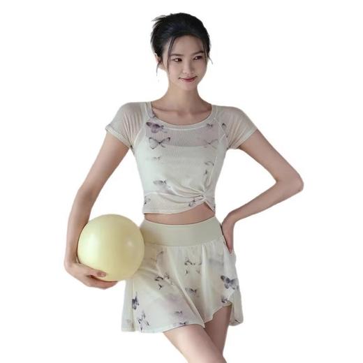 跃牌【禅语梵心】花蝴蝶假两件运动T恤女短袖带胸垫瑜珈服网纱上衣DX3107 商品图4