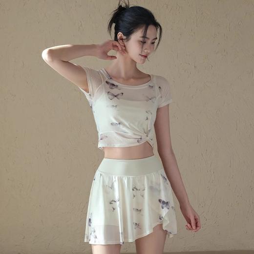 跃牌【禅语梵心】花蝴蝶假两件运动T恤女短袖带胸垫瑜珈服网纱上衣DX3107 商品图1