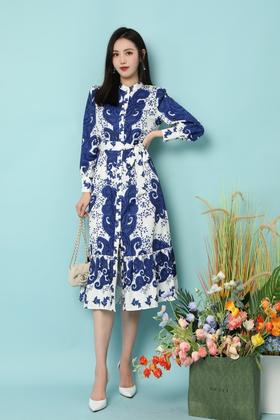 ELLA JADE 国风青花瓷收腰鱼尾连衣裙 15785