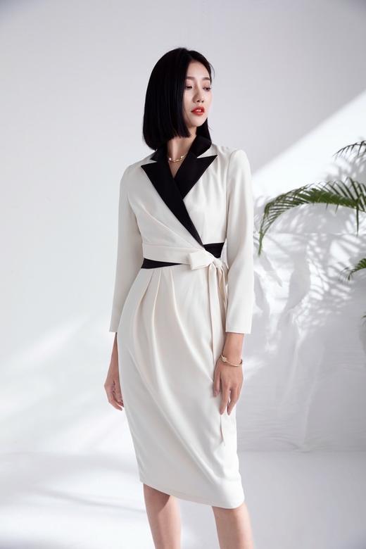 Le Malene 黑白拼接西装领系带连衣裙 15784 商品图5