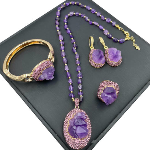 丁摩 天然原石紫晶花四件套欧美法式原矿饰品毛衣链高档手工套装5ZF-7001 商品图4